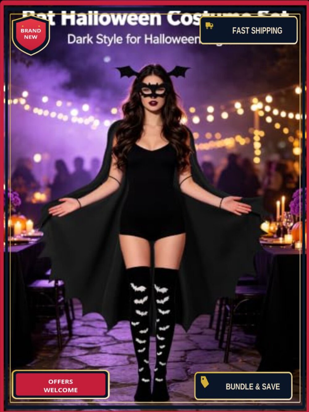 Bat Halloween Costume Set Wings Cloak Mask Headband Tights Cosplay - Picture 2 of 6